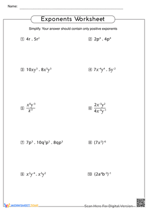 Algebra Exponents Worksheet