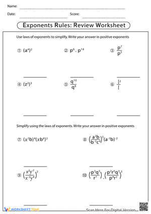 Exponent Rules Worksheet with Answer Key