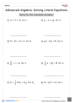 Advanced Algebra Solving Literal Equations Worksheet