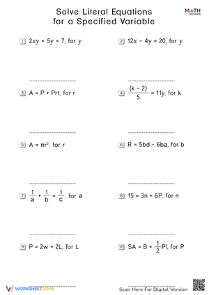 Solve Literal Equations for a Specified Variable Worksheet