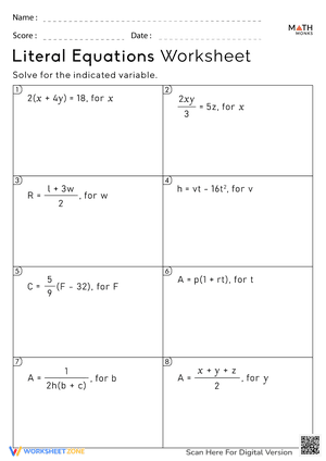 Literal Equations Worksheet with Answers