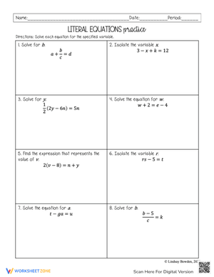 Solving Literal Equations Worksheet