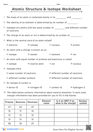 Atomic Structure and Isotopes Worksheet
