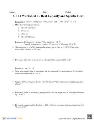 Heat Capacity and Specific Heat Worksheet
