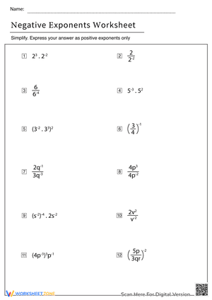 Negative Exponents Worksheet 2