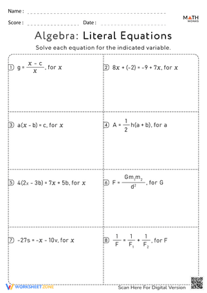 Algebra Literal Equations Worksheet