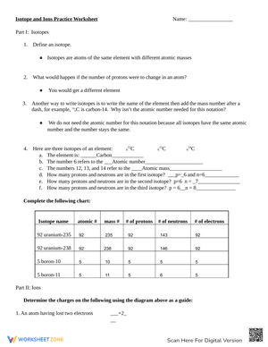 Isotope and Ions Practice Worksheet