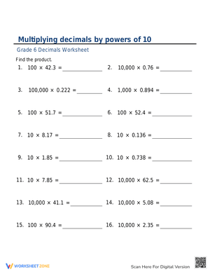 Multiplying decimals by powers of 10 Worksheet