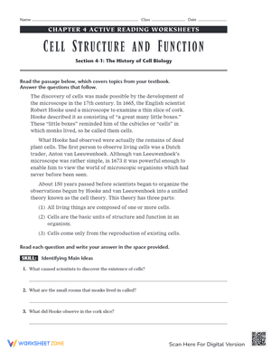 Cell Structure and Function Reading Worksheet