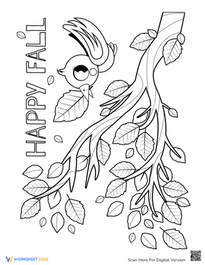 Cute Bird in Happy Fall Coloring Page