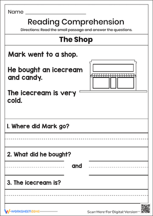 Shop reading comprehension worksheet
