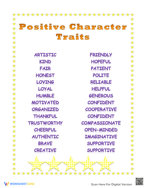 Positive Character Traits Worksheet