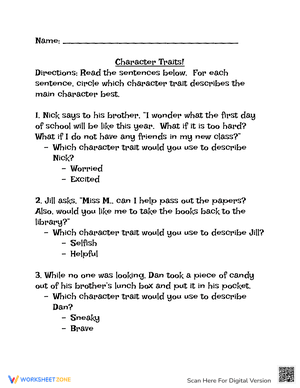 Character Traits Worksheet 2
