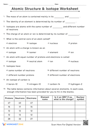 Atomic Structure and Isotope Worksheet