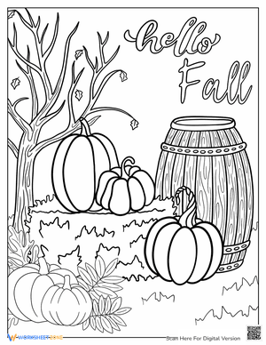 Autumn Scenery of Pumpkins and Wooden Barrel