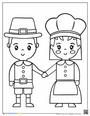 Coloring Sheet of Boy and Girl in Thanksgiving Costumes