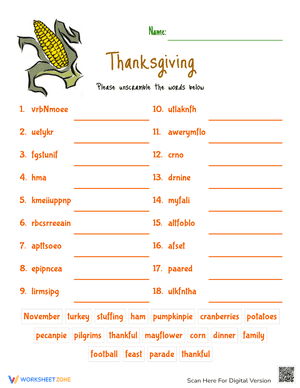 Thanksgiving Word Scramble Worksheet 6