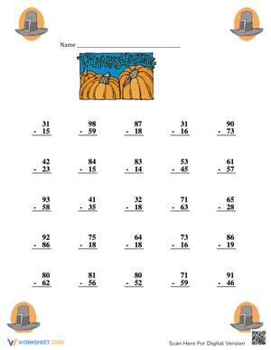 Thanksgiving Subtraction with Regrouping Math 3