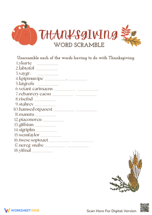 Thanksgiving Word Scramble for Teenagers