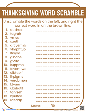 Thanksgiving Word Scramble Easel Version