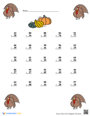 Thanksgiving Subtraction with Regrouping Math 1