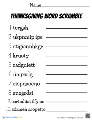 Thanksgiving Word Scramble Activity for Fall and November
