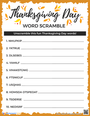 Thanksgiving Word Scramble 11