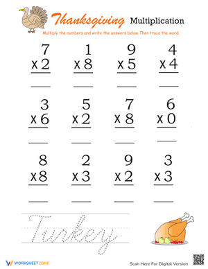 Thanksgiving Multiplication Worksheet Turkey