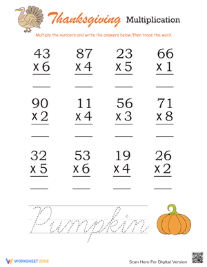 Thanksgiving Multiplication Worksheet Pumpkin