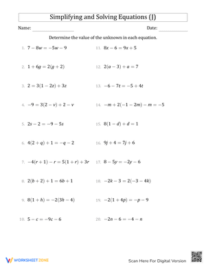 Simplifying and Solving Equations (J)