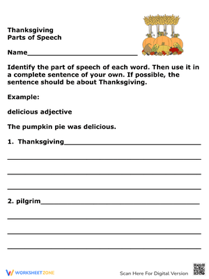 Thanksgiving Worksheet Parts of Speech Activity
