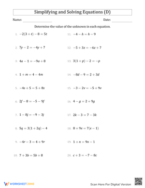 Simplifying and Solving Equations (D)