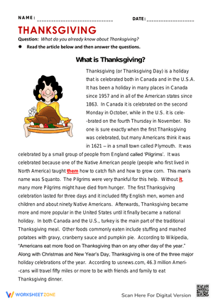 What is Thanksgiving - Reading Comprehension
