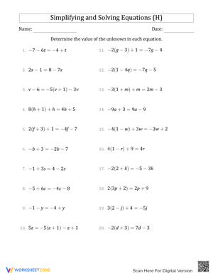 Simplifying and Solving Equations (H)