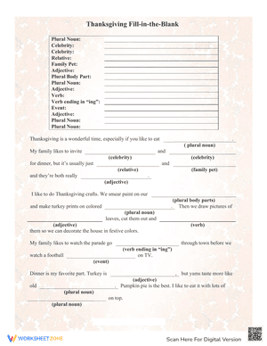 Thanksgiving Fill in the Blank Worksheet