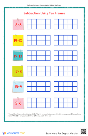 Subtraction 1 to 20 Using Ten Frames