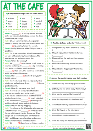 Past Simple ESL Dialogue Comprehension Exercises Worksheet