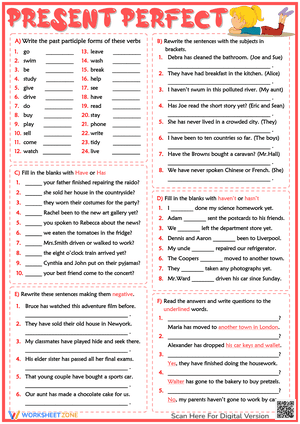 Present Perfect Tense ESL Grammar Exercises Test Worksheet