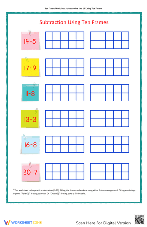 Ten Frame Worksheet - Subtraction 1 to 20 Using Ten Frames
