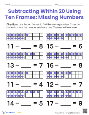 Subtracting Within 20 Using Ten Frames- Missing Numbers