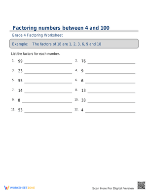 Factoring numbers between 4 and 100 sheet 6