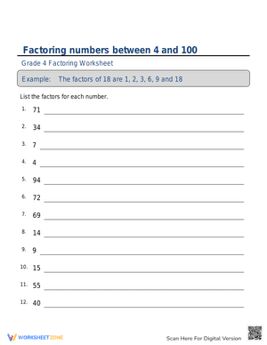Factoring numbers between 4 and 100 sheet 4