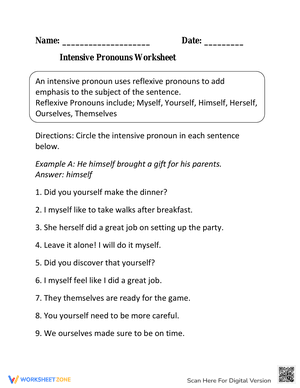 Circling and Writing Intensive Pronouns Worksheet
