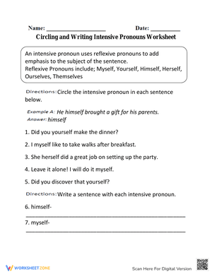 Circling Intensive Pronouns Worksheet