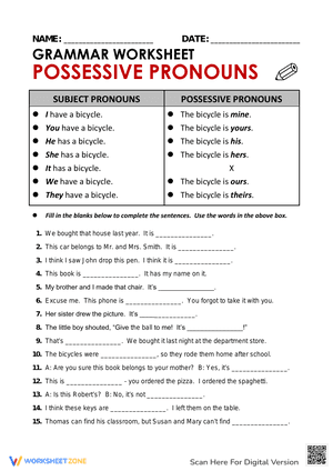 Grammar Worksheet Possessive Pronouns
