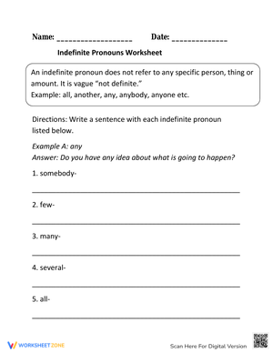 Writing Indefinite Pronouns Worksheet