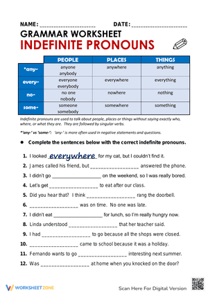 Grammar Worksheet Indefinite Pronouns