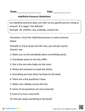 Indefinite Pronouns Worksheet (Circling Part 1)