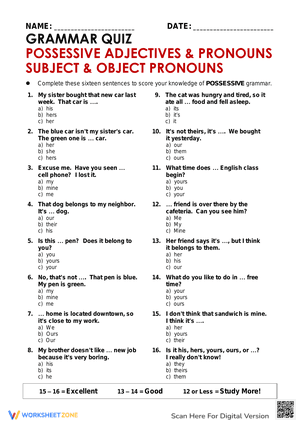 Grammar Quiz Possessive Adjectives & Pronouns, Subject & Object Pronouns