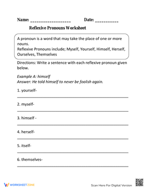 Writing Reflexive Pronouns Worksheet